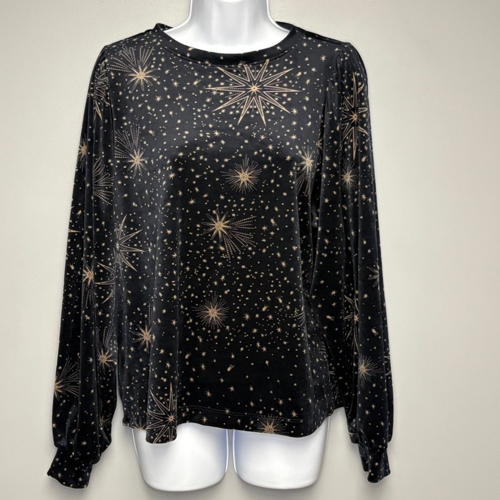 Loft‎ Celestial Star Velour Puff Sleeve Black Gold Cozy Relaxation Top Womens M